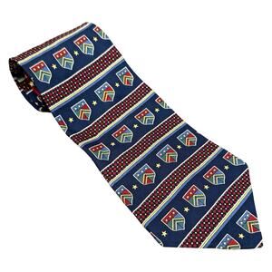 Vintage Tommy Hilfiger Shield Crest Logo 100% Silk Blue Red Stars Tie Necktie
